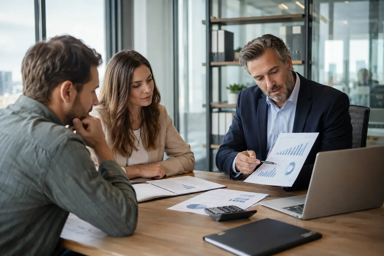 AccoClariT advisor reviewing financial statements with two Montreal business owners