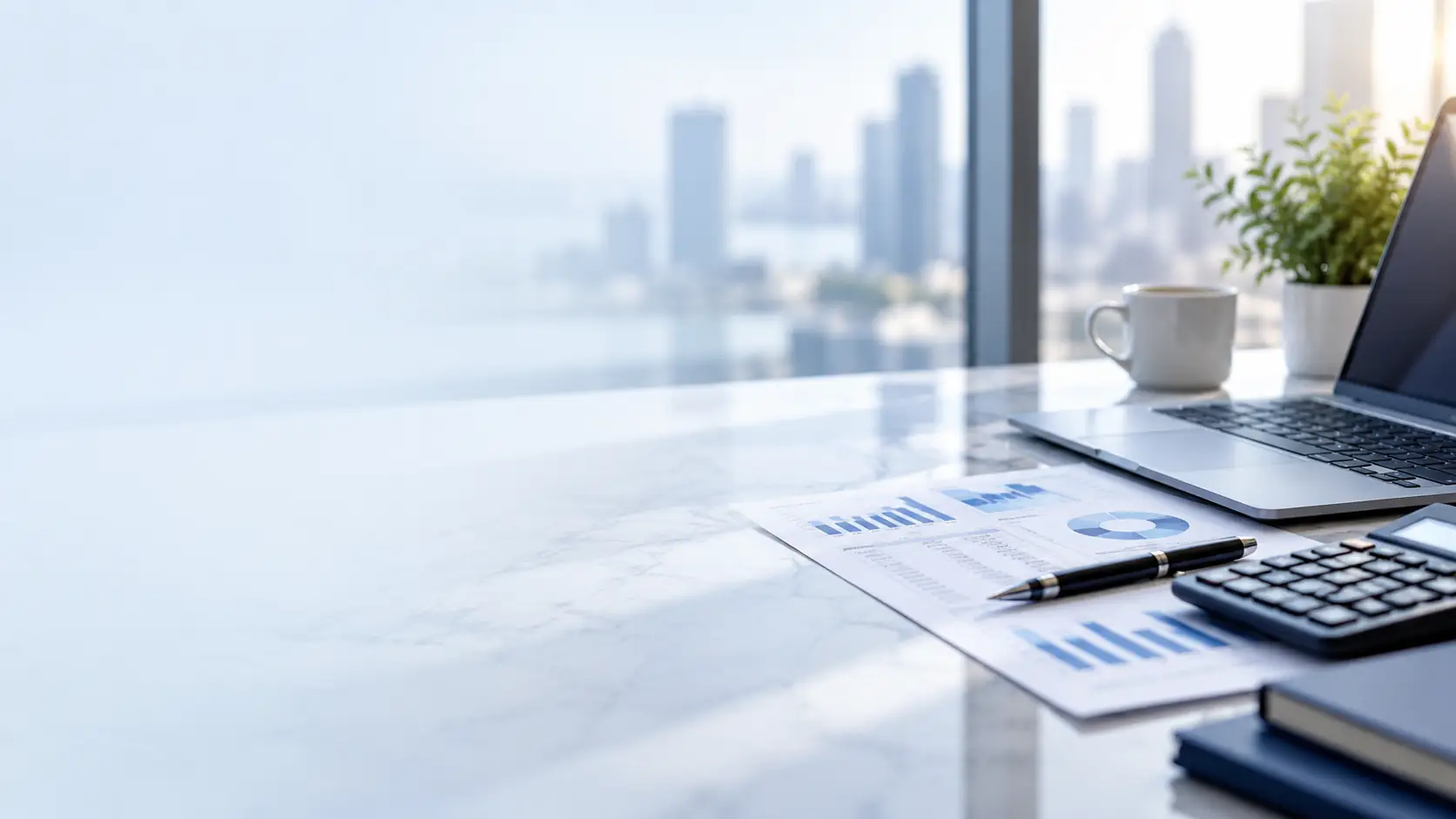 Financial reports, laptop and calculator on a desk with the Montreal skyline beyond