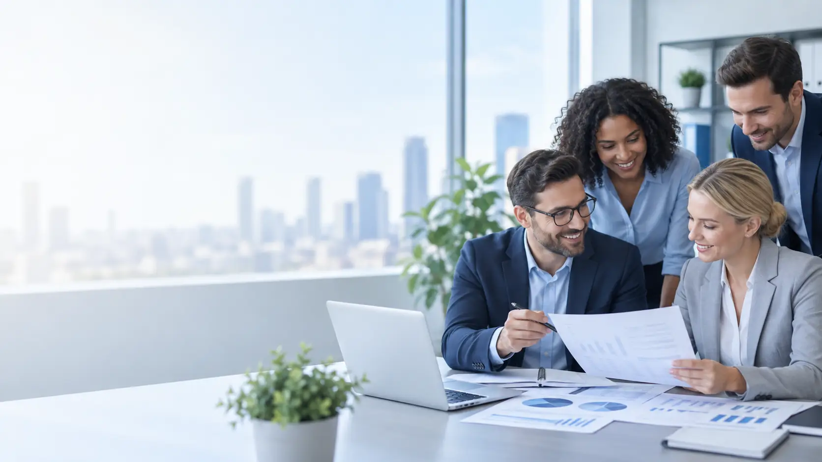 Four colleagues reviewing financial documents in a boardroom above the city