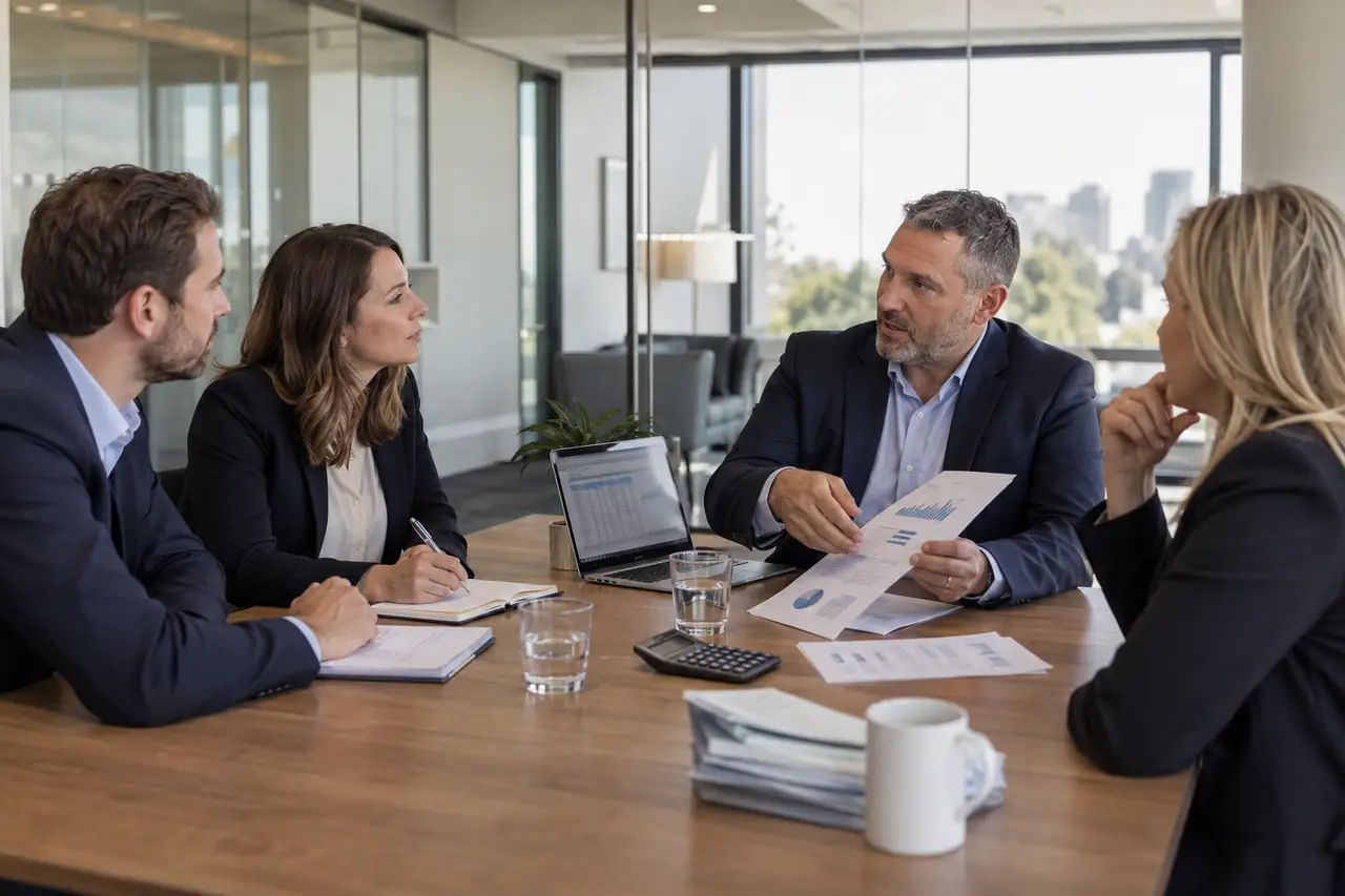 AccoClariT team discussing cash-flow reports with a client around a boardroom table